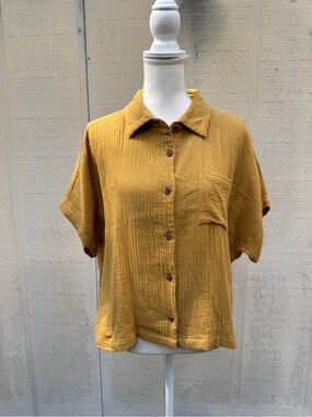 Relaxed Mustard Button-Down Double Gauzes Short Sleeve Shirt